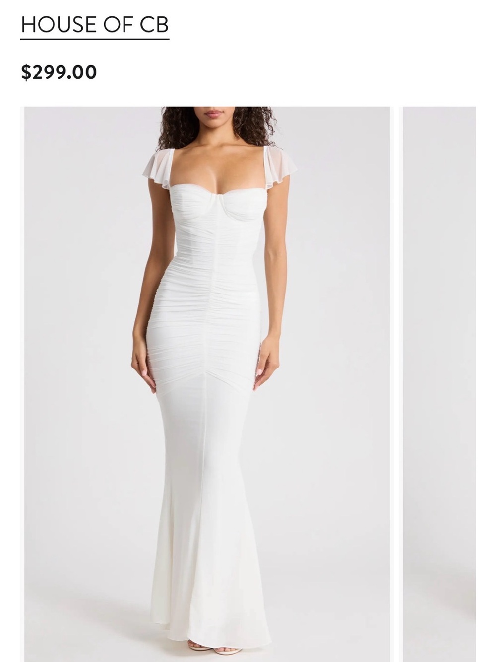 House of CB White Ruched Mermaid Gown with Cap Sleeves
